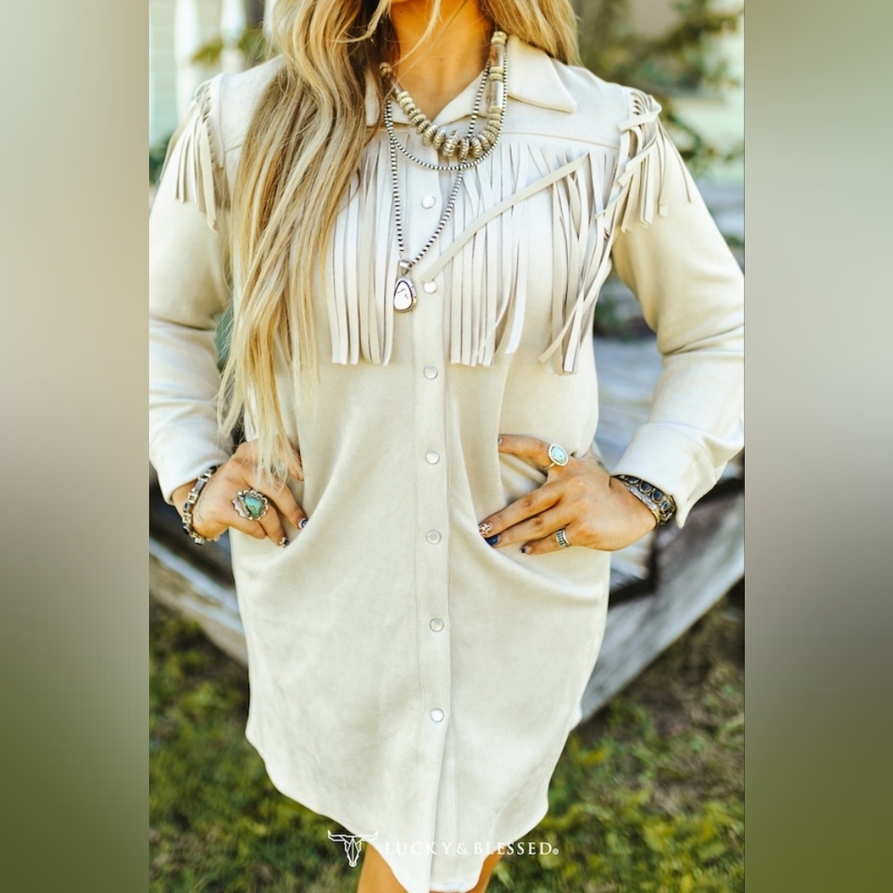 NWT Cream Long Sleeve Fringe Shirt Dress